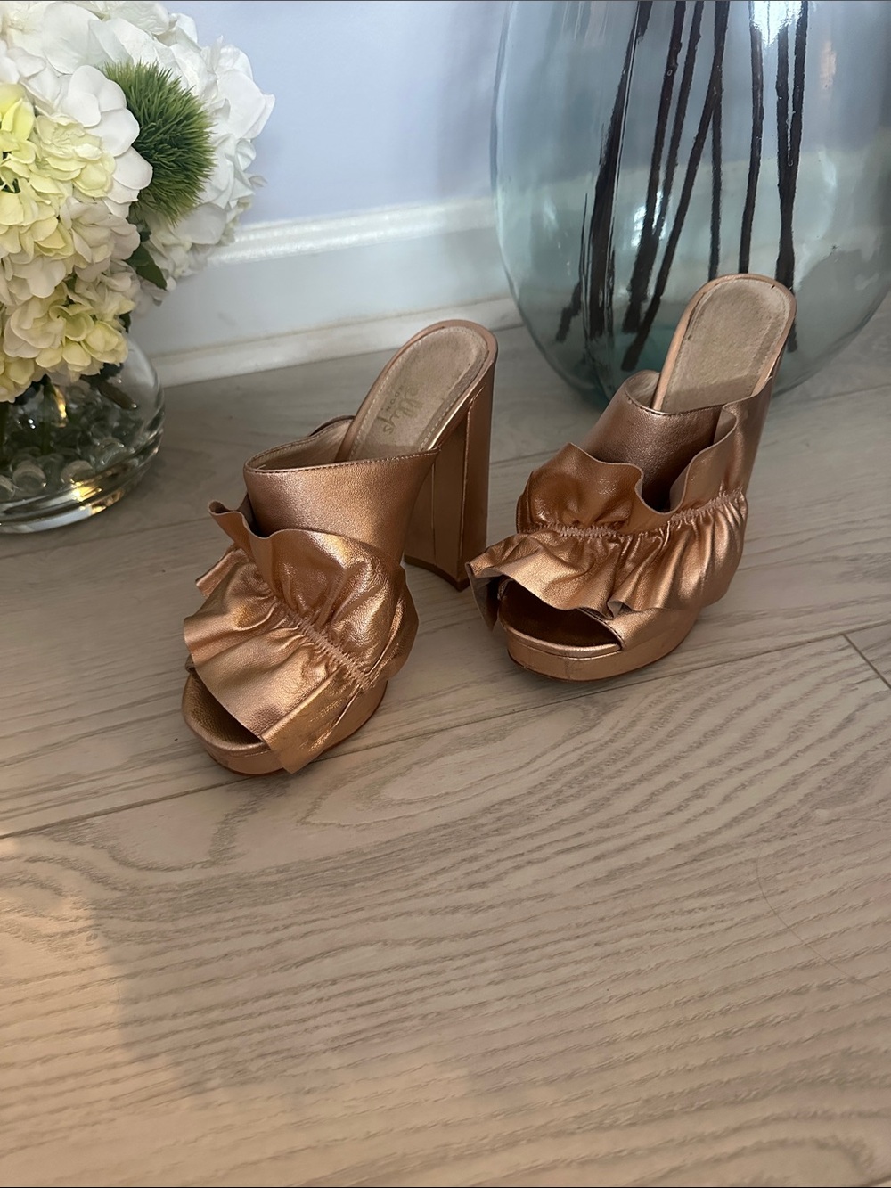 Shellys London Metallic Copper Ruffle Block Heel Mules